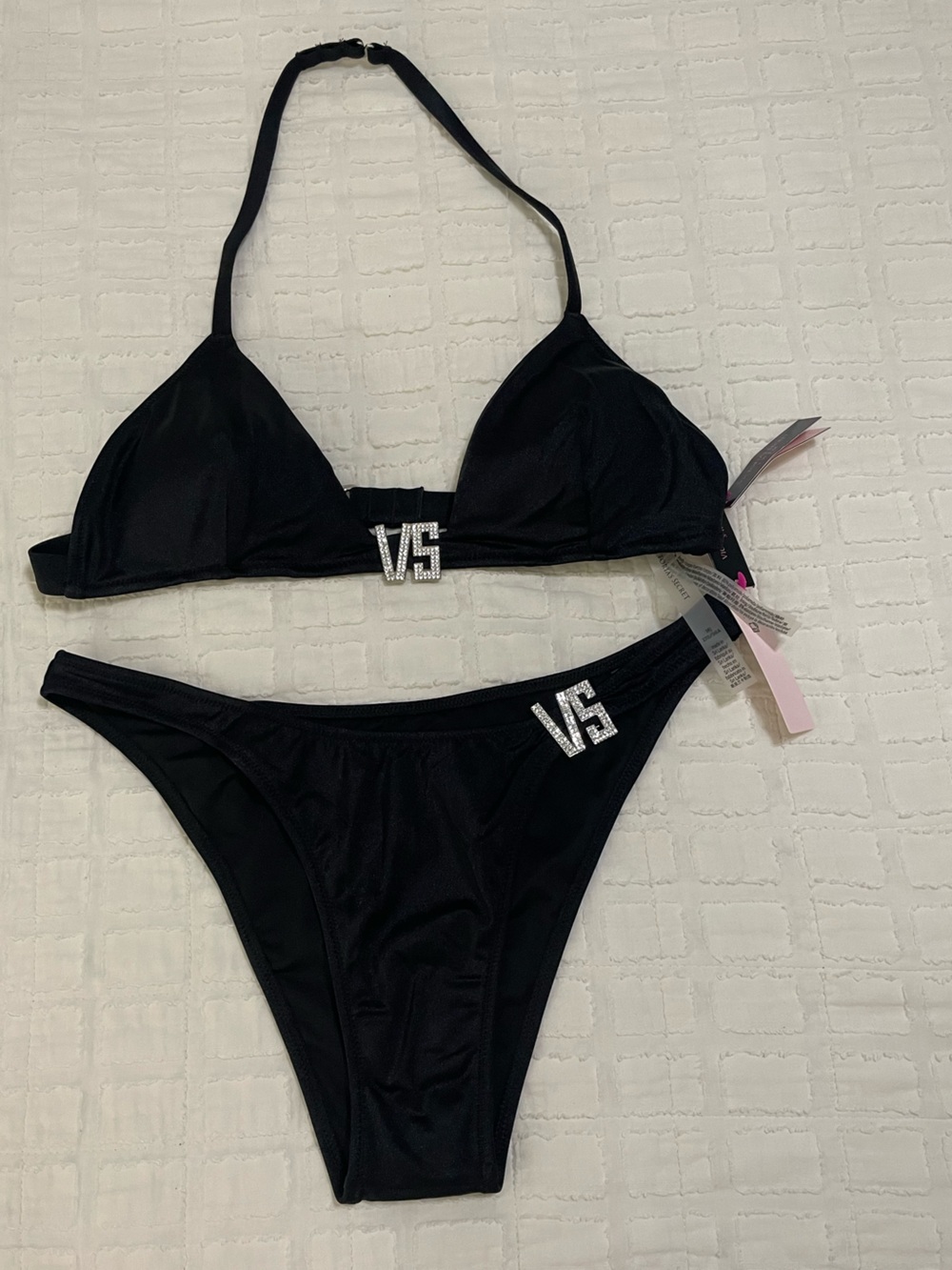 NWT Women Victoria's Secret  Black Rhinestone VS Triangle Bikini set Size M
